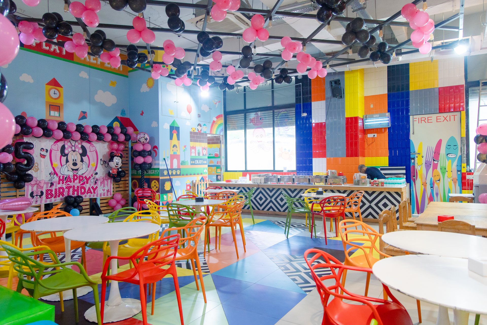 Wide decorated birthday party room at Baccha Party Malad